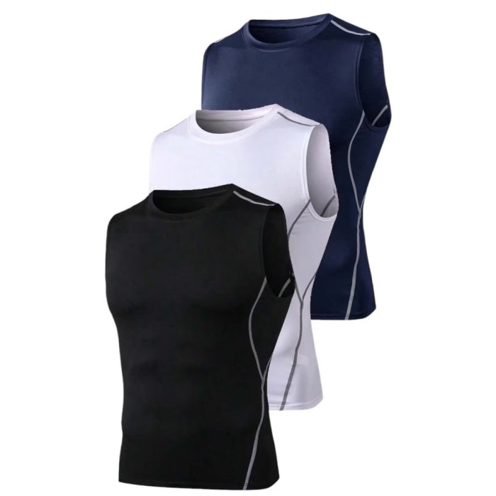 Set 3 Maiouri Compresie Barbati, Sport, Fara Maneci, Uscare Rapida, Elasticitate Ridicata, Multicolor - L