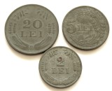 q590 ROMANIA SET 3 MONEDE ZINC 2 LEI 1941 5 LEI 1942 20 LEI 1942 in stare frumoasa