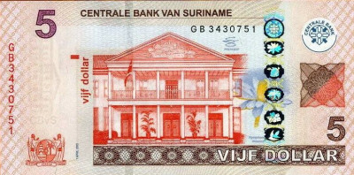 Bancnota Suriname 5 Dolari 2012 - P162b UNC foto