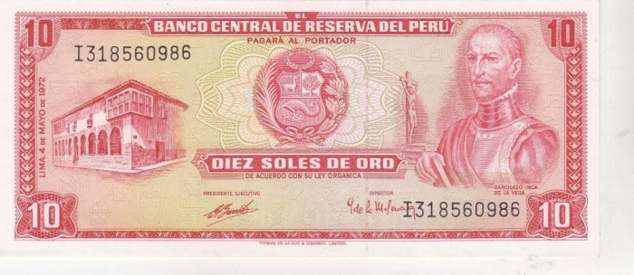 bnk bn Peru 10 soles de oro 1972 vf