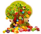 Copac cu fructe din lemn pentru snuruit, joc educativ cu siret, 102 piese colorate