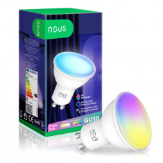 Bec LED RGBW inteligent Nous P8, Wi-Fi, GU10, 4.5W, 350 lm, lumina alba si colorata, control vocal - RESIGILAT