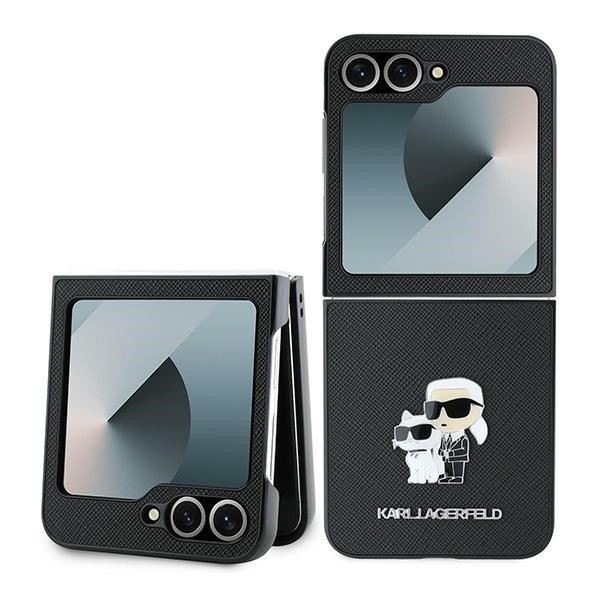 Husa pentru Samsung Galaxy Z Flip7 FE F761 / Z Flip6 F741, Karl Lagerfeld, Saffiano Karl &amp; Choupette Metal, Neagra