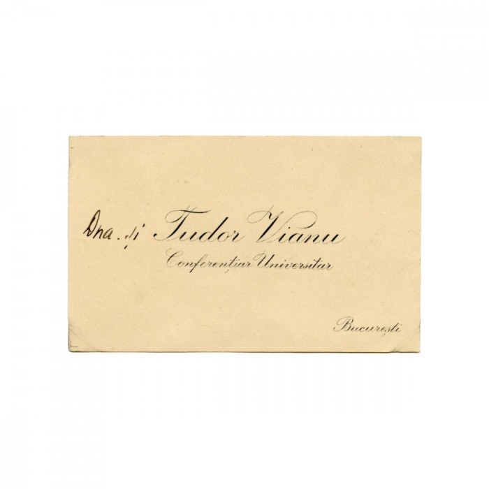 Tudor Vianu, carte de vizită și plic cu o &icirc;nsemnare olografă pentru N. I. Herescu