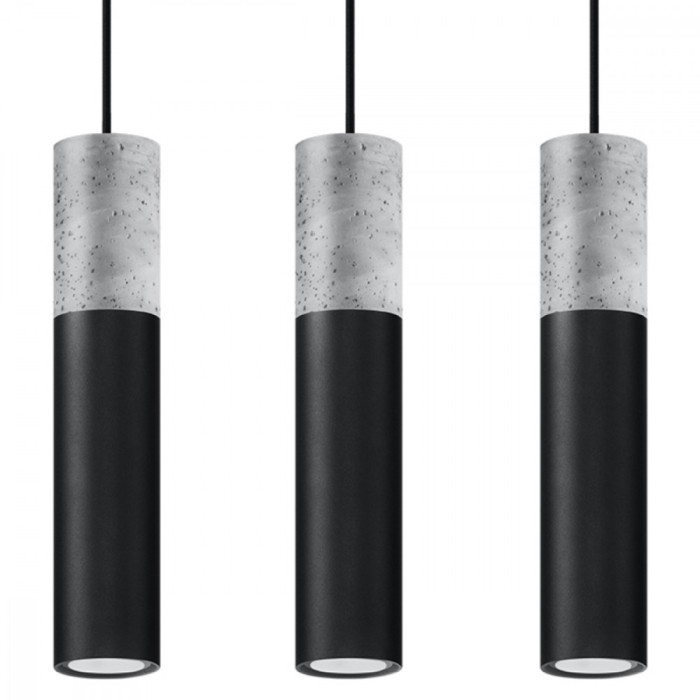 Lampă Suspendată Borigio Negru/Gri Oțel/Beton 3 Bec Tub Modern De Interior