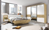 Set Mobila Dormitor din pal si piele ecologica, cu pat 200 x 180 cm, 2 piese Faris Alb / Stejar
