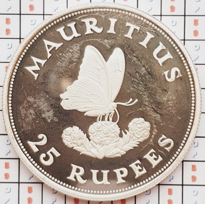 1506 Mauritius 25 Rupees 1975 Conservation - Blue swallowtail km 40 proof argint foto