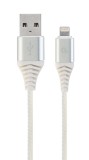 CABLU alimentare si date GEMBIRD, pt. smartphone, USB 2.0 (T) la Lightning (T), 2m, premium, cablu cu impletire din bumbac, argintiu cu insertii albe,