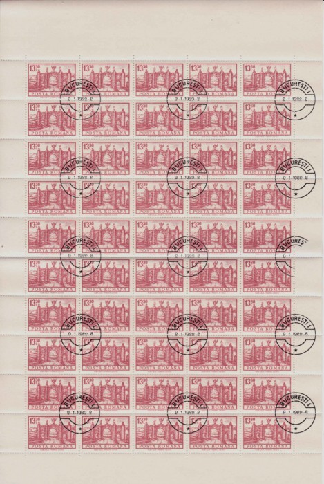 RO 1972 LP 817 &quot;Monumente II&quot; , doar valoarea de 13,30 Lei Alba Iulia in coala de 50, stampilate
