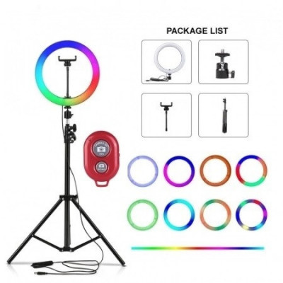 Lampa circulara LED 26 cm diametru,RGB,trepied 200 cm,telecomanda bluetooth pentru telefon foto