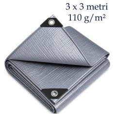 Prelata ranforsata 3x3 m, 110 g/mp, impermeabila, pentru curte si gradina, PE gri