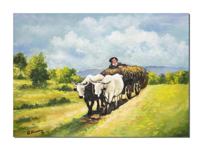 Tablou celebru Car cu boi pictat manual, 70x50cm ulei pe panza, reproducere Nicolae Grigorescu