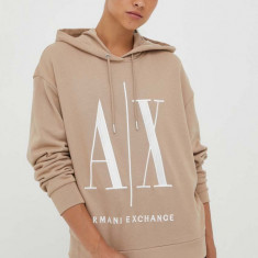 Armani Exchange hanorac de bumbac femei, culoarea bej, cu glugă, cu imprimeu