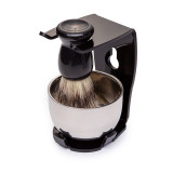 Set barber The Rock Star Yoshimoto, 150 ml, bol inox, maner lemn, Argintiu/Negru