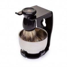 Set barber The Rock Star Yoshimoto, 150 ml, bol inox, maner lemn, Argintiu/Negru