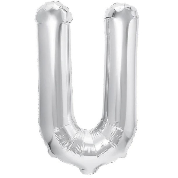 Balon folie metalizata litera u, flippy, 40 cm, umflati cu heliu sau aer, ambalaj individual, pai inclus, argintiu