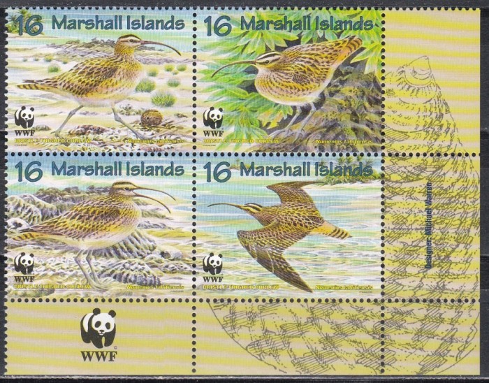 Marshall 1997 - Protecția naturii - Curlew cu peri, in bloc de 4 cu manseta, MNH