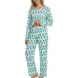 Set pijamale pentru femei Y2K cu imprimeu animalier, cu nervuri și nasturi, două piese, lenjerie de casă &ndash; Verde S