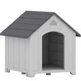 PawHut Cușcă pentru c&acirc;ine de exterior, casă pentru c&acirc;ine din polipropilenă impermeabilă, ventilată, pardoseală ridicată 66x55x65cm gri deschis | Aosom
