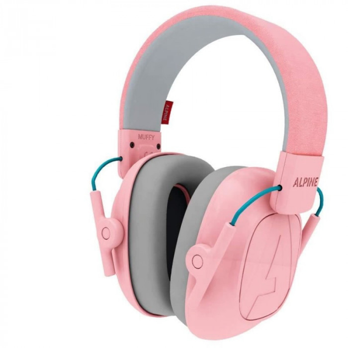 Casti antifonice pliabile pentru copii Alpine Muffy Kids Pink, 5-16 ani, ofera protectie auditiva, SNR 25 dB, banda reglabila, certificare CE, husa in