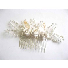 Pieptan nunta, pieptan perle sticla, flori fimo si frunze sidef 25561