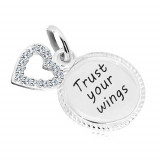 Pandantiv din argint 925 - cerc cu inscripția &amp;quot;Trust your wings&amp;quot;, contur de inimă cu zirconii