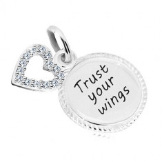 Pandantiv din argint 925 - cerc cu inscripția &quot;Trust your wings&quot;, contur de inimă cu zirconii