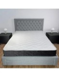 Set pat matrimonial cu sertar Austin, elemente lemn masiv, tapitat cu stofa, cu somiera, gri si saltea ortopedica Optima Silver, arcuri, margine antil