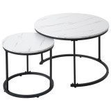 Set de 2 Măsuțe de Cafea Moderne Rotunde Suprapozabile din MDF cu Structură din Metal, Design Economisire Spațiu, 50x70,5 cm+45,5x44 cm, culoare marmu