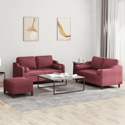 vidaXL Set canapea cu perne, 3 piese, roșu vin, material textil 3201832 foto