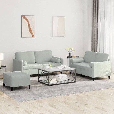vidaXL Set de canapele, 3 piese, cu perne, gri deschis, catifea foto