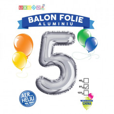 Balon, folie aluminiu, argintiu, cifra 5, 81 cm