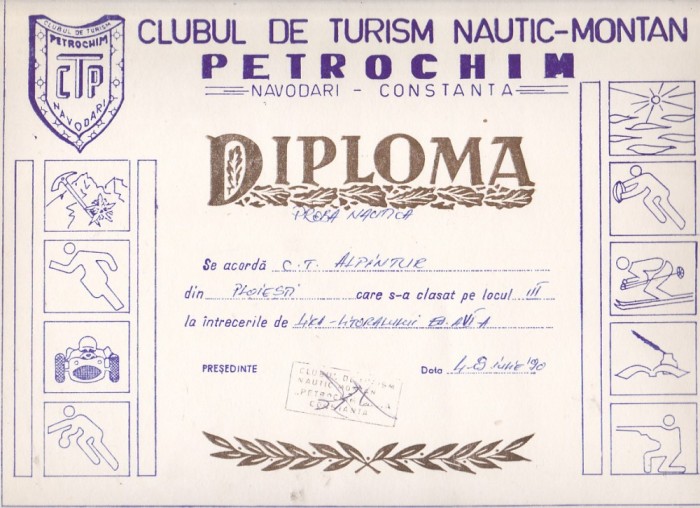 bnk div - Diploma Clubul Turism nautic-montan Petrochim Navodari 1990