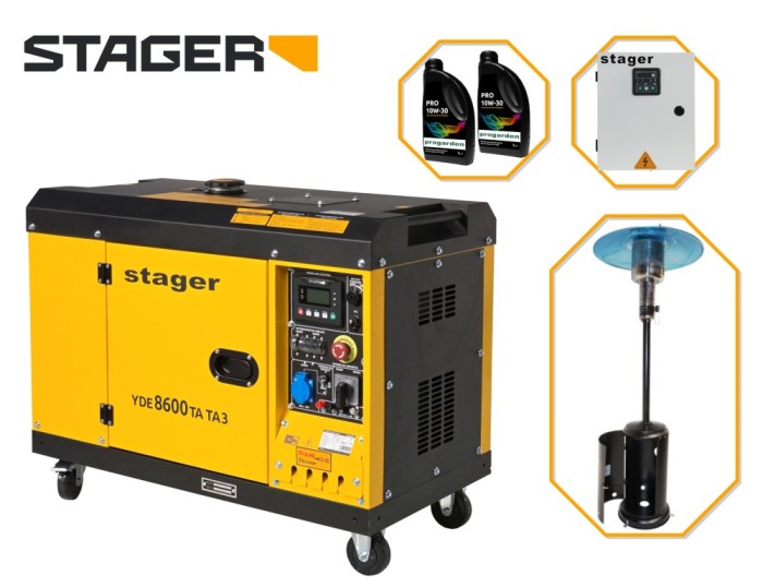 Pachet Generator insonorizat Stager YDE8600TA-TA3 V2, 7.5kVA, DualPower + Automatizare trifazata YA40063F12STA, 63A + Zobo H1207G Incalzitor terasa pe