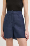 Marella pantaloni scurți din amestec de in culoarea bleumarin, uni, high waist 2413140000000