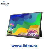 Monitor Portabil de 14" inch, Full HD 1080p, Ultra-Subtire, 60Hz, USB-C &amp; HDMI, HDR, Compatibil Laptop, Telefon, Consola, Dual Speaker, Protectie Ochi