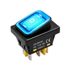 Intrerupator rocker basculant ON-OFF-ON KCD4-0211-23, 6pini, 250VAC, 16A, 30x22mm, LED albastru, cu retinere, IP65