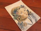 arta / design / vintage / decor / colectie - Desen portret fetita cu coronita creion colorat mijlocul sec XX !