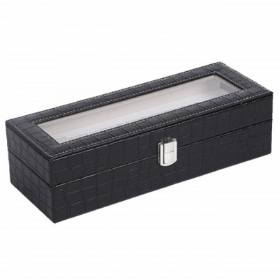 Cutie caseta eleganta depozitare cu compartimente pentru 6 ceasuri, imprimeu crocodil, negru foto
