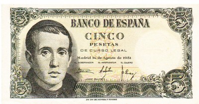 Spania 5 Pesetas 1951 P-140a aUNC Seria 8853612 foto