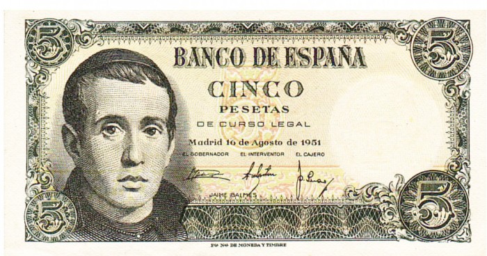 Spania 5 Pesetas 1951 P-140a aUNC Seria 8853612