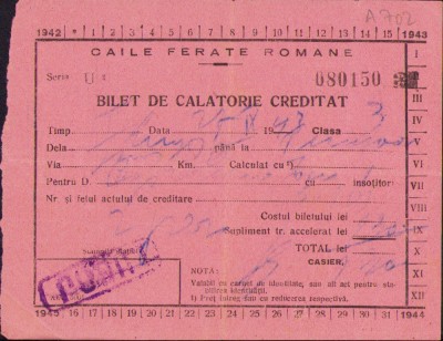 HST A262 Bilet de călătorie creditat 1943 CFR foto