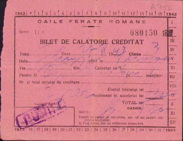 HST A262 Bilet de călătorie creditat 1943 CFR
