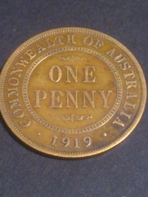 One 1 penny 1919 Australia, stare VF+ (poze). Discount conform descriere [10 - 20 %. Vezi descrierea.]. foto