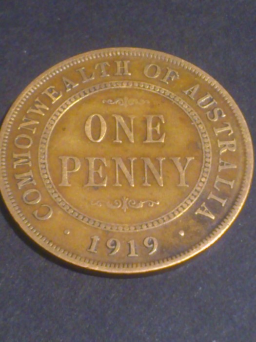 One 1 penny 1919 Australia, stare VF+ (poze). Discount conform descriere [10 - 20 %. Vezi descrierea.].