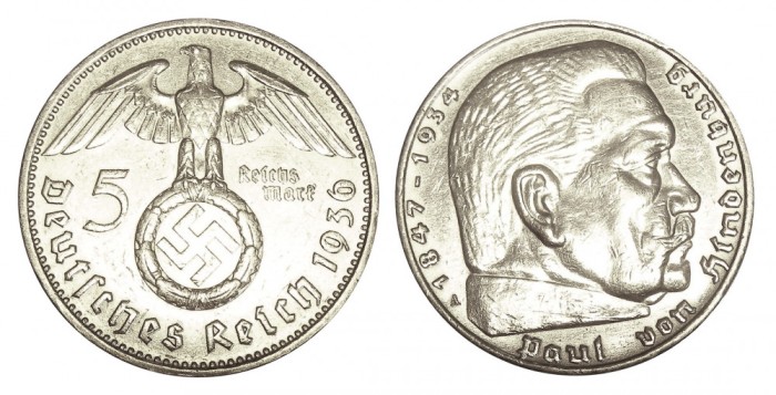 q409 GERMANIA NAZISTA 5 MARCI REICHS MARK 1936 A ARGINT EF