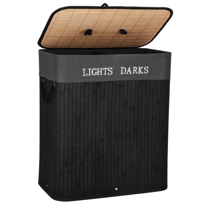 Cos de rufe din bambus cu capac, 2 compartimente, sac detasabil, volum 100L, 54x34x60cm, negru Household NewTrend