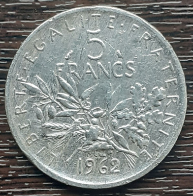 (A995) MONEDA DIN ARGINT FRANTA - 5 FRANCS 1962, SEMANATOAREA, 12 GRAME, AG 835 foto