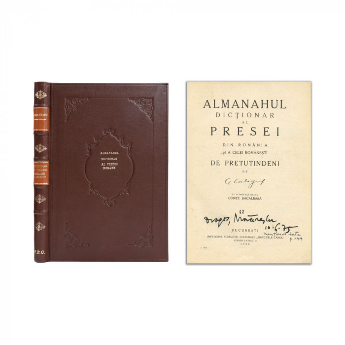 Almanahul dicționar al presei din Rom&acirc;nia și a celei rom&acirc;nești, 1926, cu dedicația lui G. Caliga