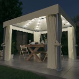 vidaXL Pavilion cu perdele &amp; șiruri lumini LED, alb crem, 3x3 m